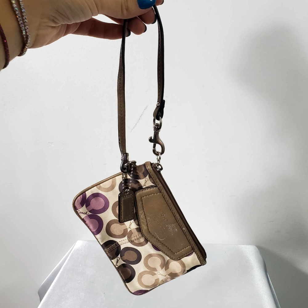 Coach Madison Signature Sateen Purple & Brown small Wristlet with Tag Strap - Picture 2 of 6